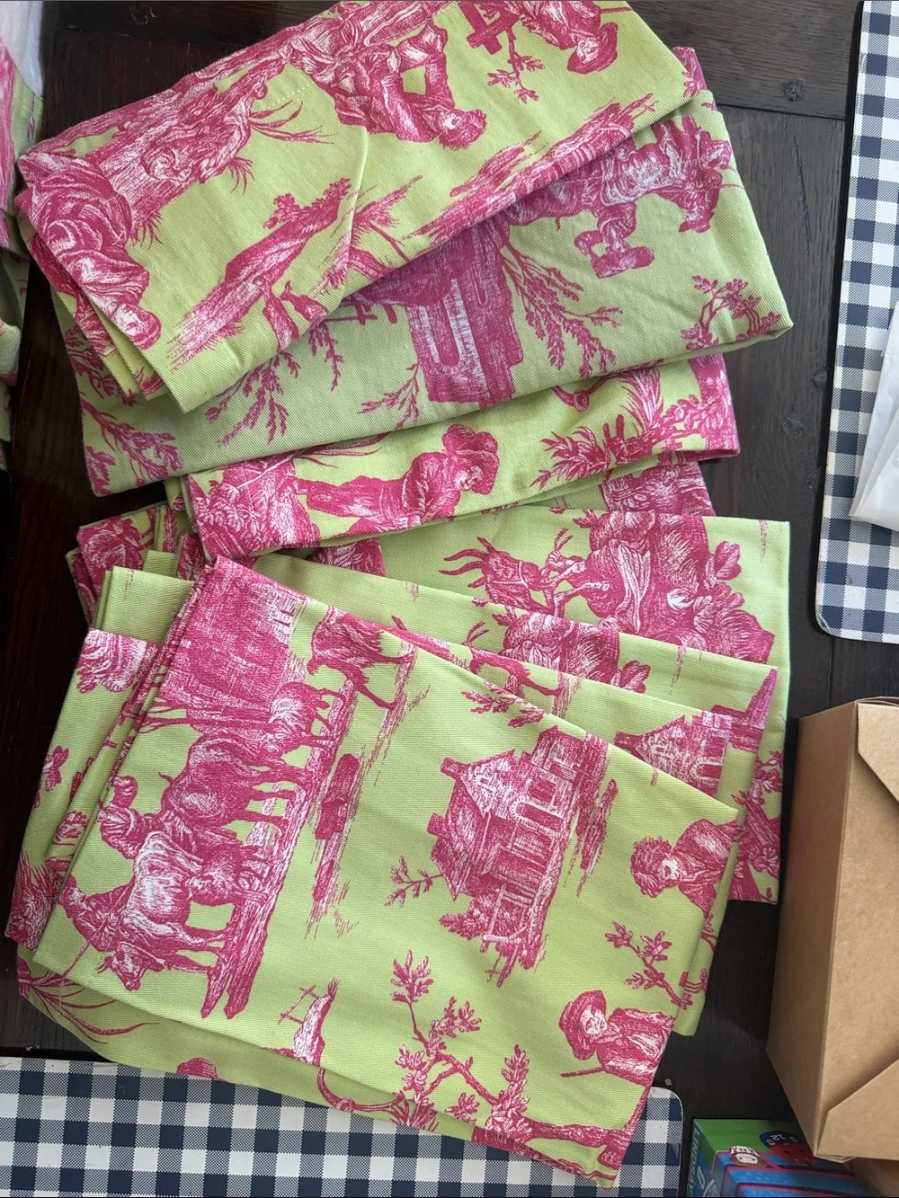 Williams Sonoma Pink Toile on Lime Green Table Linen